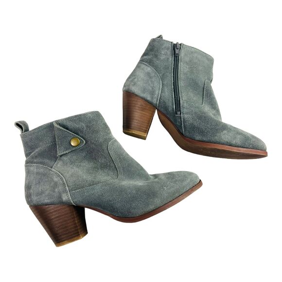 Diba Sophia Womens Gray Suede Ankle Booties Zip Block Heels Snap Button US 8.5 - Picture 2 of 10
